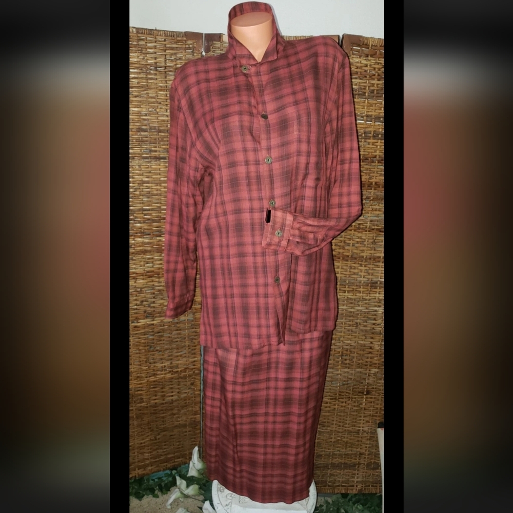 Vintage 90's Punk Red Black Plaid 2 Piece Wrap Skirt Oversize Top Set Sz 1 Med